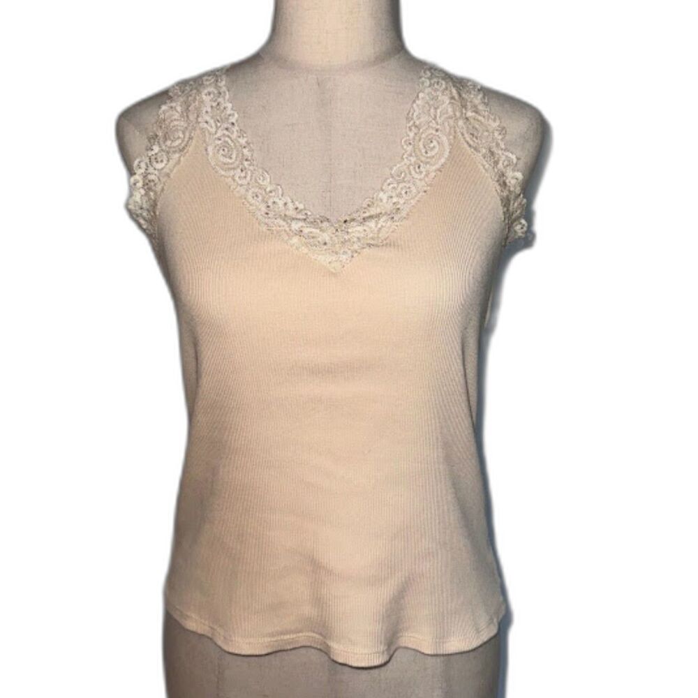 August Silk Options Butter Yellow Beige Cami Tank Lace Beaded Ribbed Full Size 4